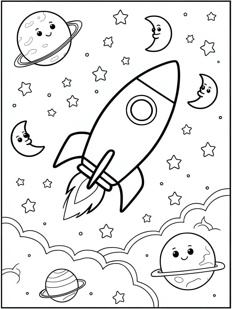 A black and white coloring page shows a central rocket ship surrounded by cartoon planets, moons with faces, stars, and clouds.