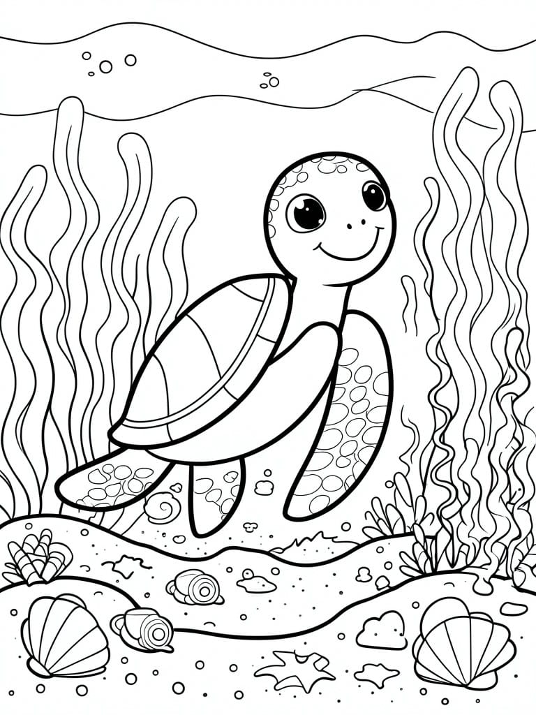 A black and white line drawing of a smiling sea turtle with patterned shell swimming among seaweed and shells on the ocean floor.
