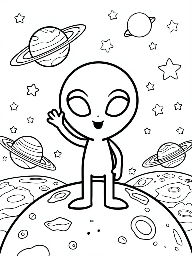 Cartoon alien waving on cratered planet amid stars and ringed planets
