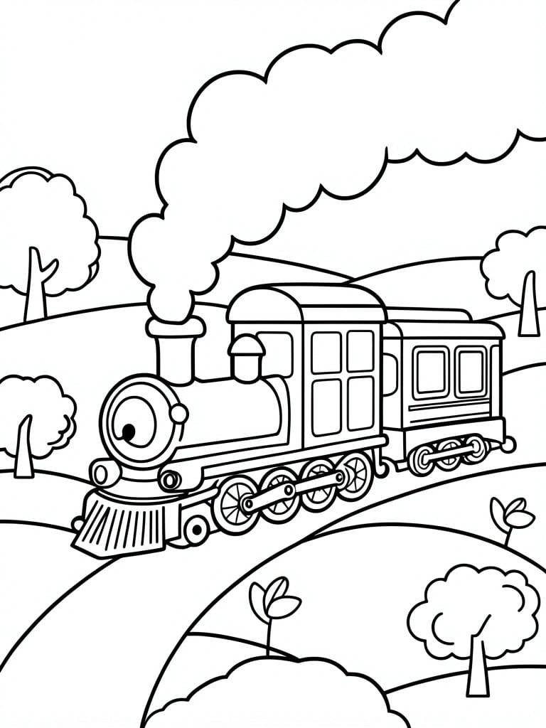 Coloring book illustration of steam train with cars on tracks amid hills and trees