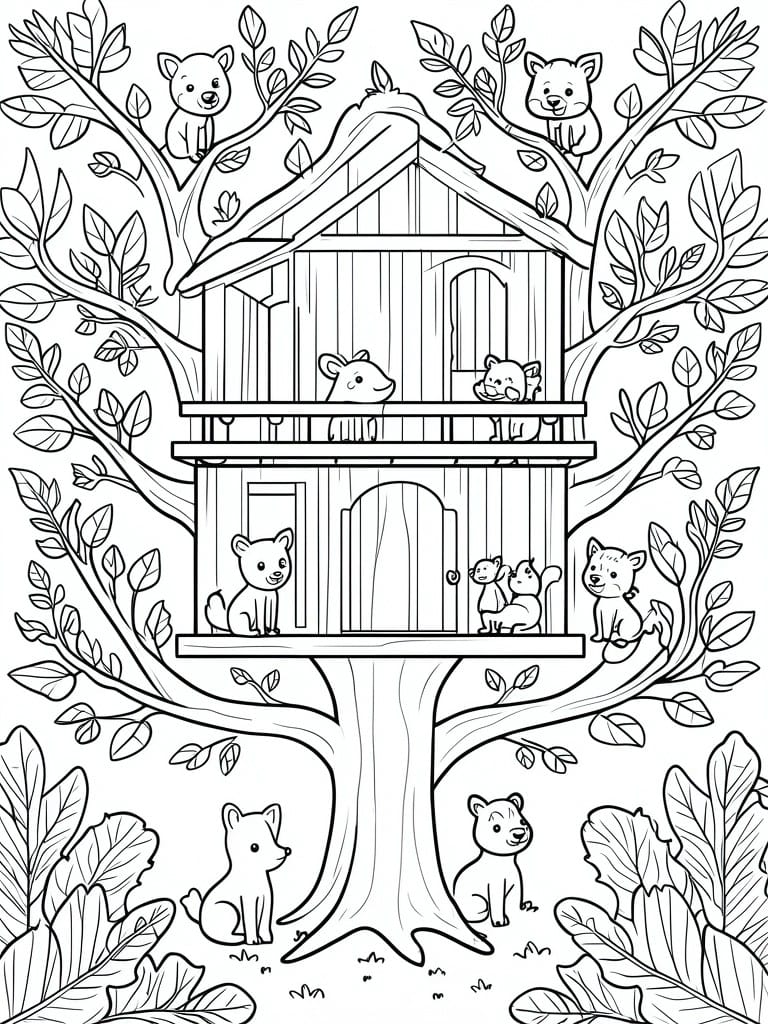 Coloring page of a wooden treehouse with cartoon animals on tree branches and balconies