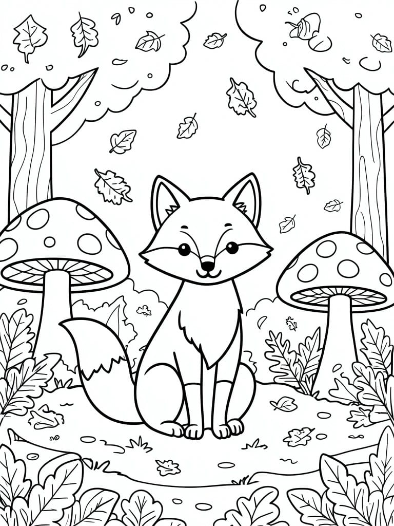 Coloring page of smiling fox between spotted mushrooms amid falling leaves and trees.