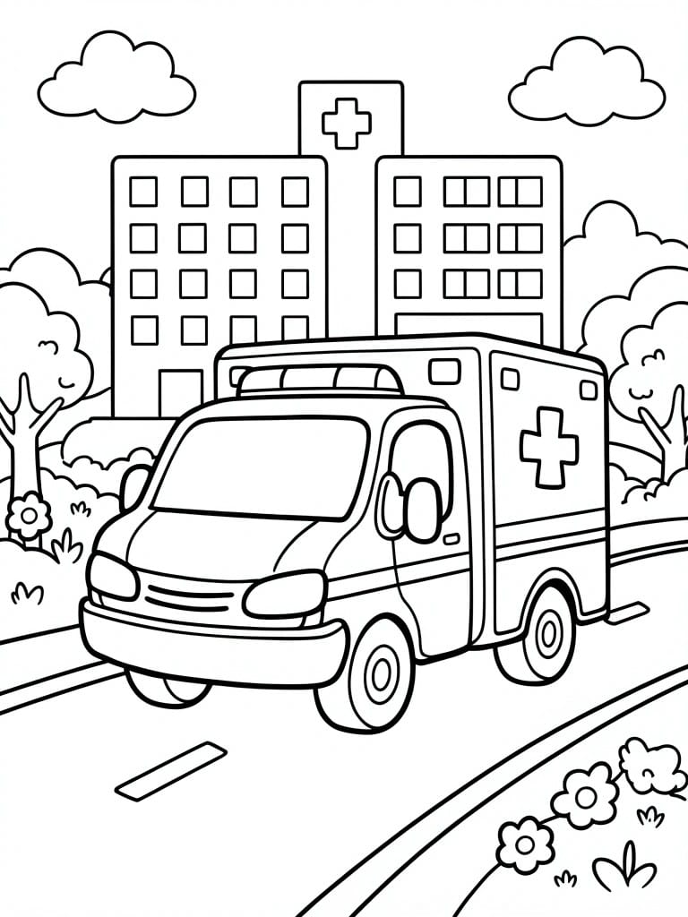 Line drawing of ambulance on road near hospital, trees, and clouds