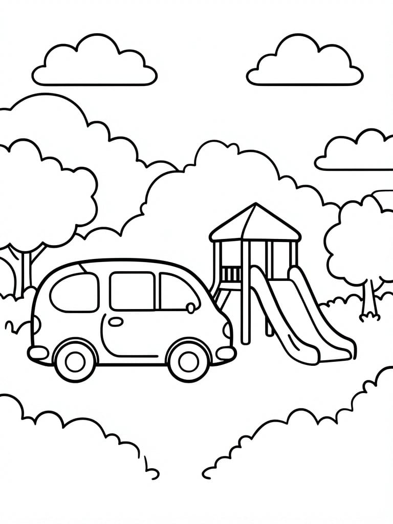 A black and white line drawing of a car parked in front of a playground with slides, trees, and clouds.