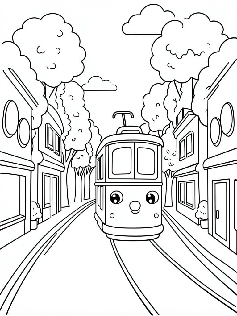 Cartoon tram with smiling face on tracks between buildings and trees.