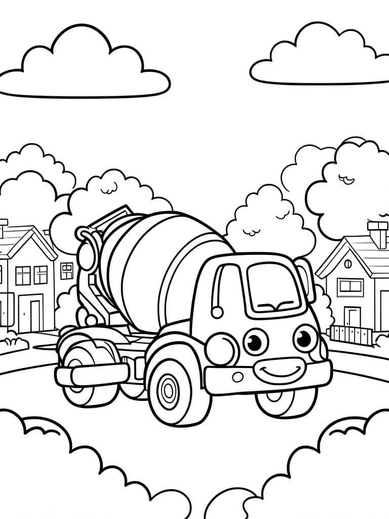 Smiling cartoon cement mixer truck on suburban street with houses and clouds