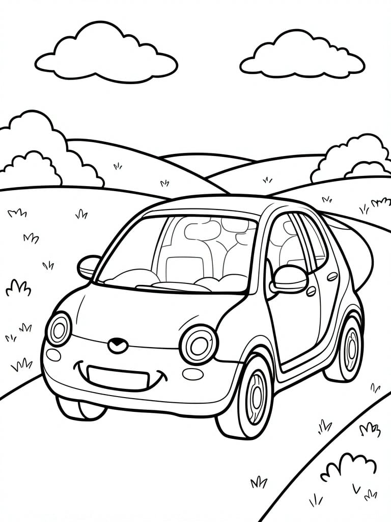 Smiling cartoon car driving on winding road with hills and clouds, coloring page style