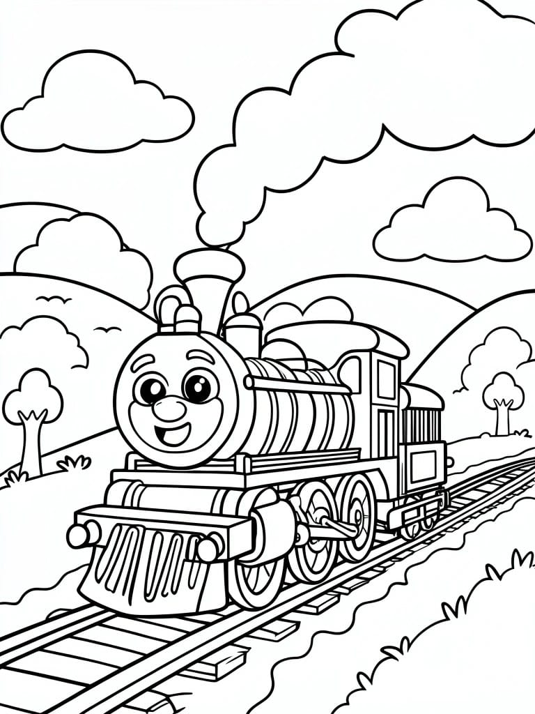 Smiling cartoon steam engine with face on tracks amid hills, trees and clouds