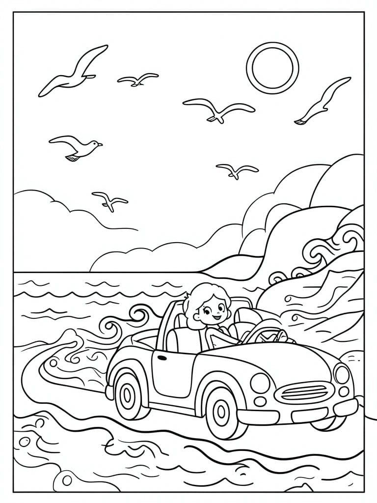 A line drawing of a convertible car driving near the ocean with waves, seagulls, sun, and clouds.