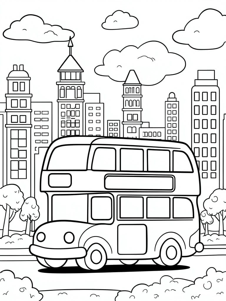 A black and white line drawing of a double decker bus in front of city buildings, trees, and clouds.