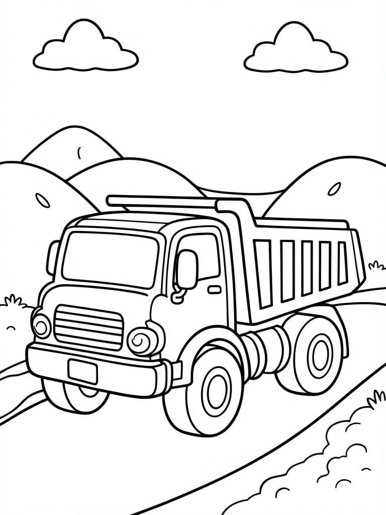 Line drawing of dump truck on hilly road with clouds and mountains.