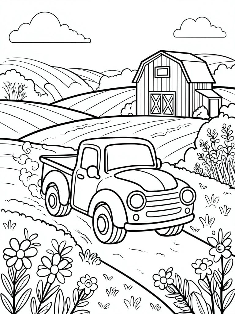 Line drawing of vintage truck driving past barn on rural farm road with flowers