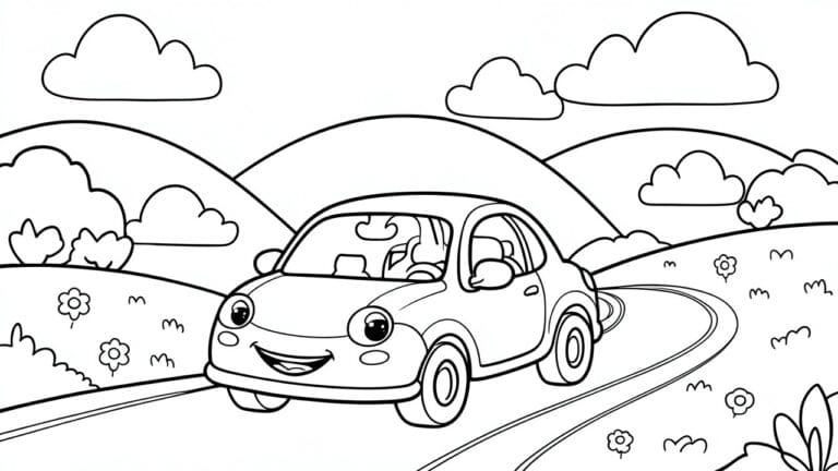 Smiling cartoon car driving on winding road with hills and clouds, coloring page style