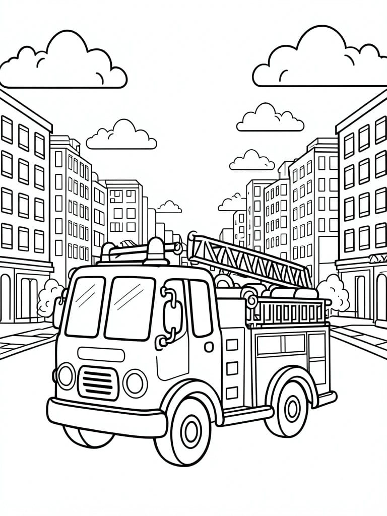 Coloring page of a fire truck on a city street with buildings and clouds.
