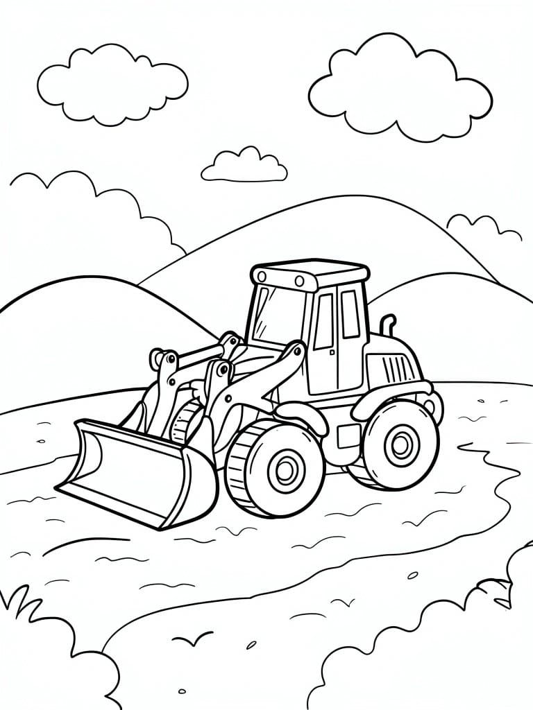 Cartoon wheel loader tractor with bucket amid hills, clouds, and puddles