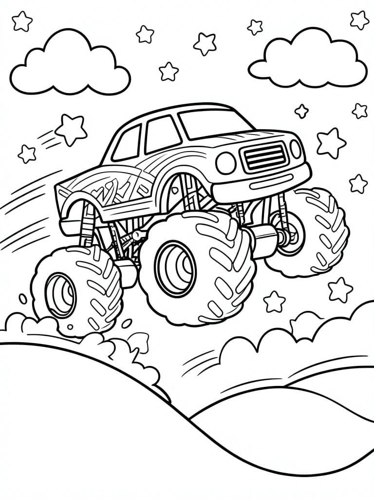 A black and white coloring page of a monster truck driving over hills with clouds and stars around it.