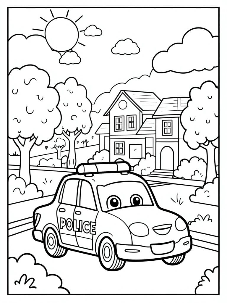 A black and white coloring page shows a cartoon police car with eyes and a smile driving on a road near a two-story house, trees, sun, and clouds.