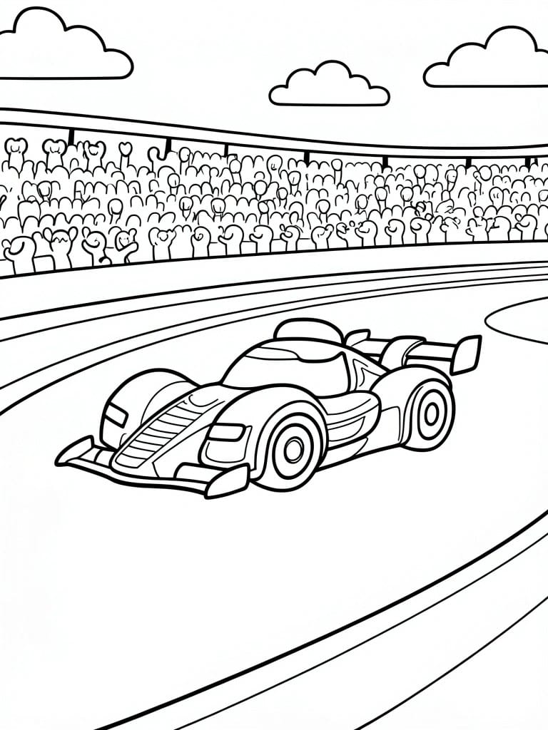 Race car speeding on track before stadium crowd under clouds