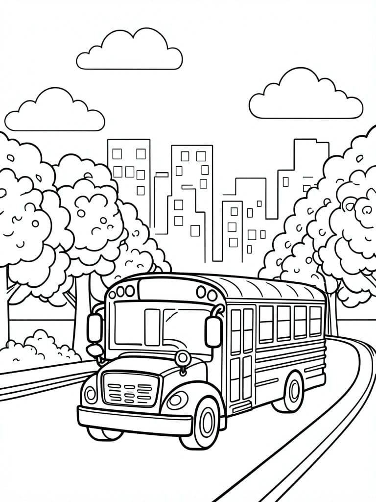 A black and white line drawing of a school bus on a curved road with trees, buildings, and clouds.