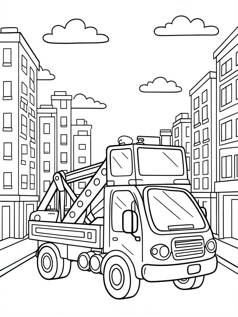 Coloring page of tow truck with crane amid city buildings and clouds.