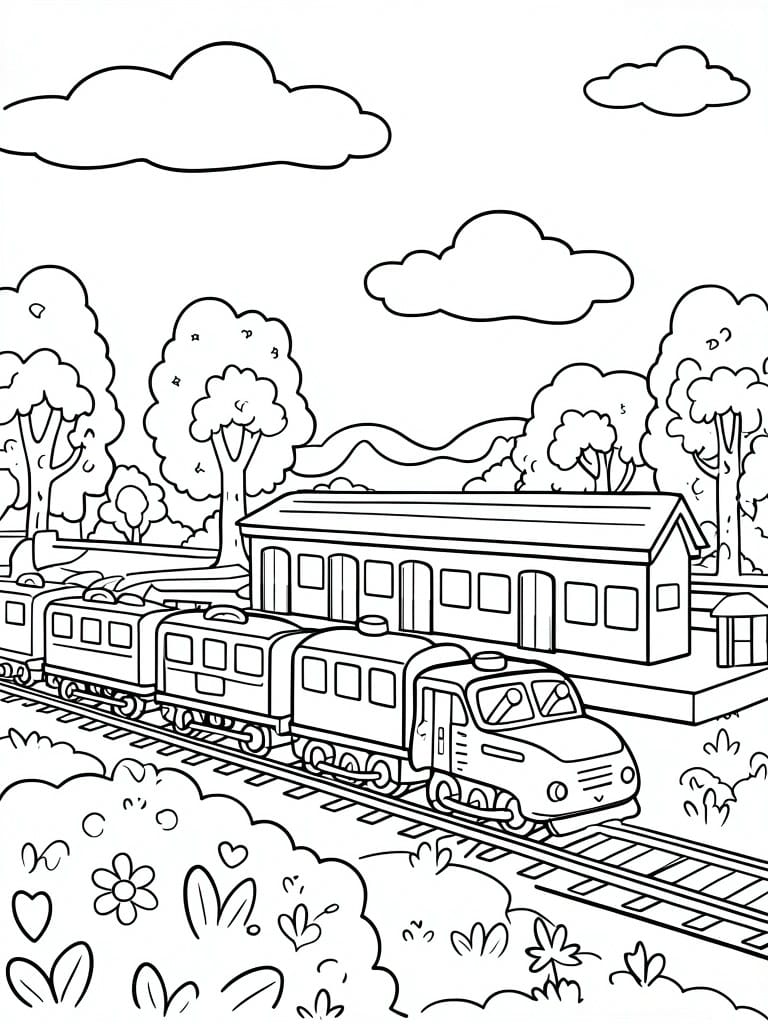 Coloring page of a train on tracks by station, trees, and flowers