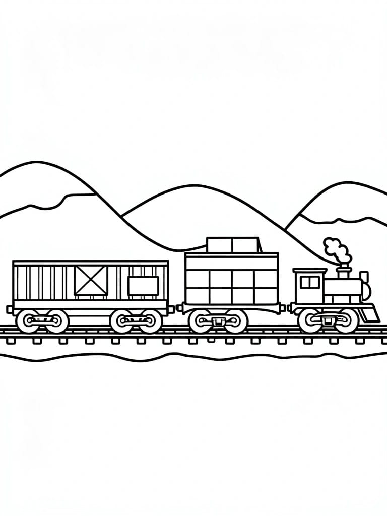 Steam locomotive pulling freight cars on tracks with mountains behind.