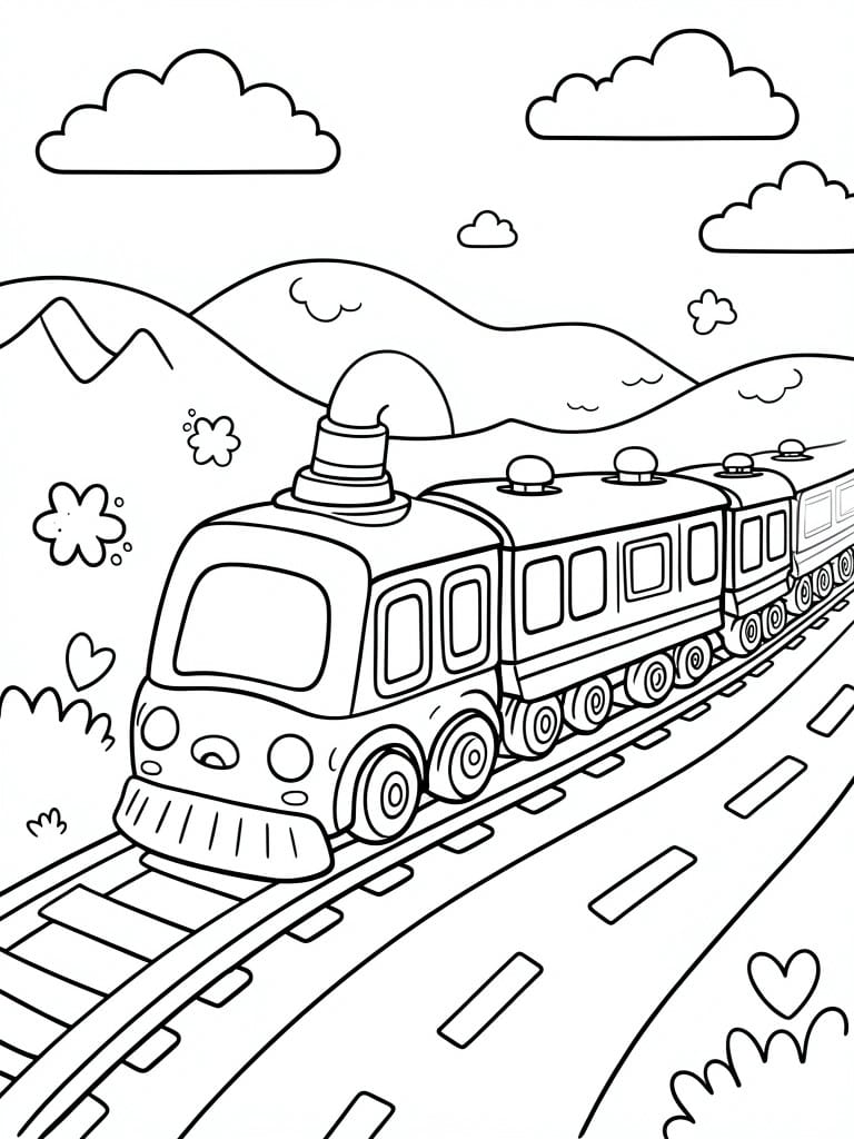 Coloring page of cartoon train on tracks with mountains, clouds, and flowers.