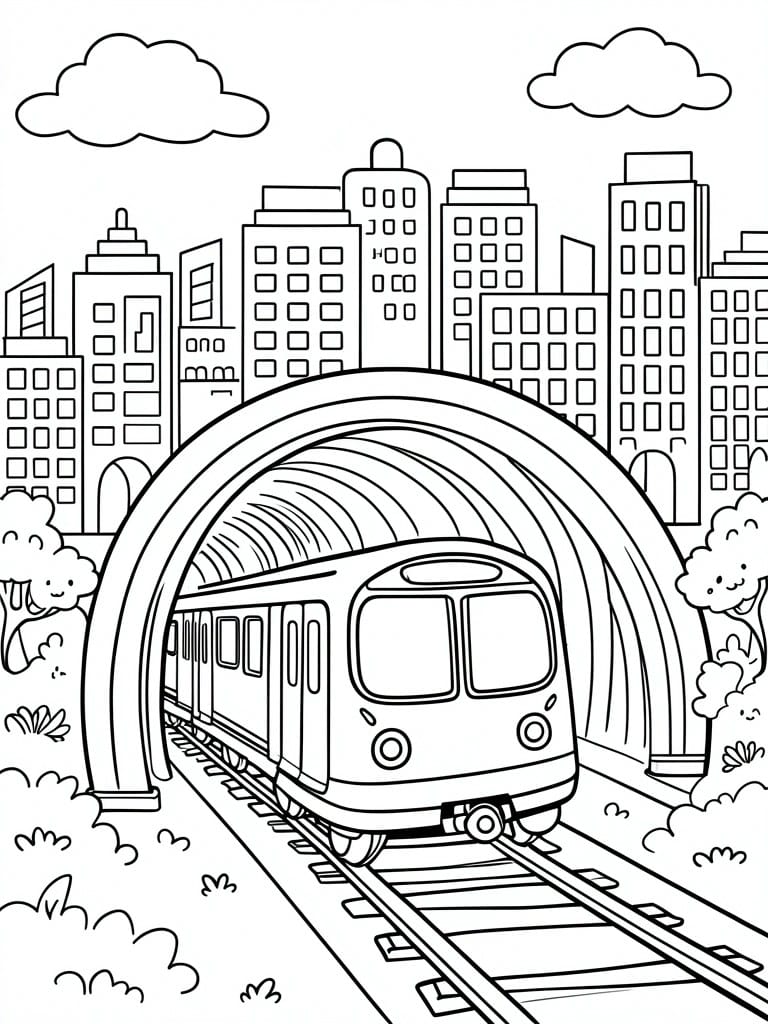 A black and white line drawing of a train emerging from a tunnel with city buildings in the background.