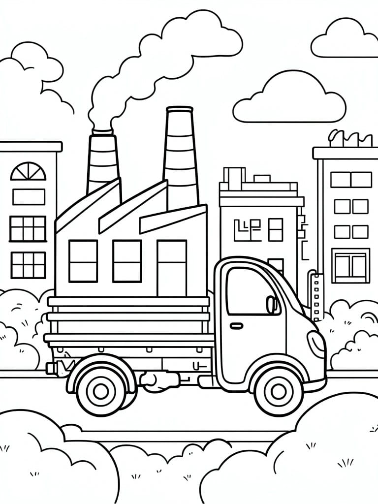 A black and white line drawing shows a truck parked in front of a factory with smokestacks, surrounded by buildings and clouds.