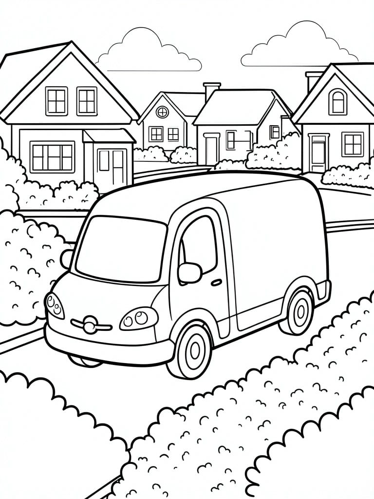 Coloring page of a van driving past suburban houses with clouds overhead.