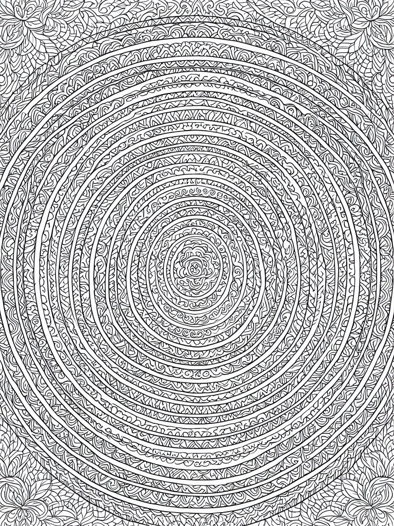 Intricate black and white mandala of concentric circles with ornate swirling patterns and floral corners