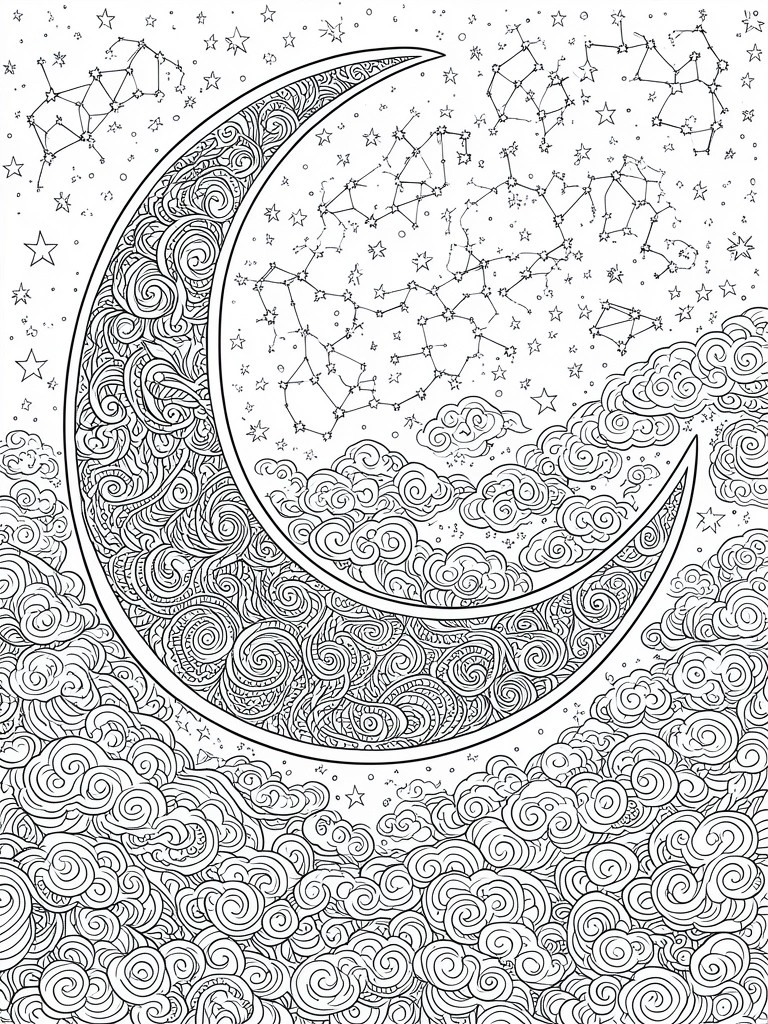 Detailed line art of crescent moon with constellations, stars and swirling clouds