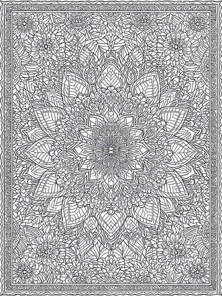 A black and white zentangle mandala coloring page with a large central layered flower design surrounded by smaller flowers and intricate patterns inside a decorative border.