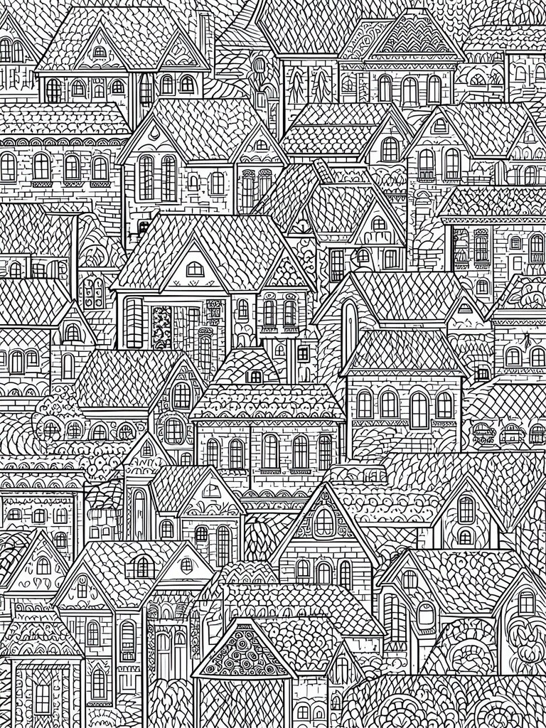 A black and white coloring page filled with numerous overlapping houses of different shapes and sizes, each with patterned roofs and many windows.