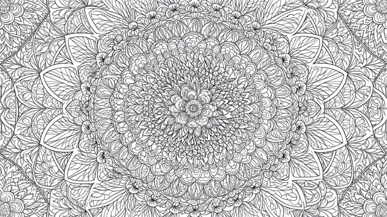 24 Stylish Zentangle Coloring Pages for Focused Mindful Coloring Intricate black-and-white mandala with layered floral and leaf patterns radiating outward.