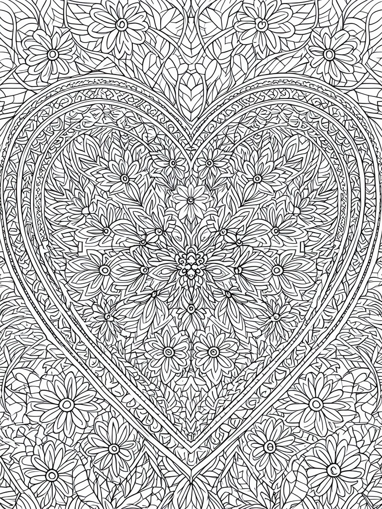 Intricate floral mandala heart in black and white line art coloring page