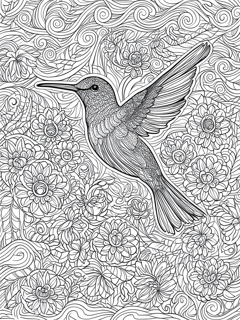 A black and white line drawing of a hummingbird flying among flowers and swirling patterns.