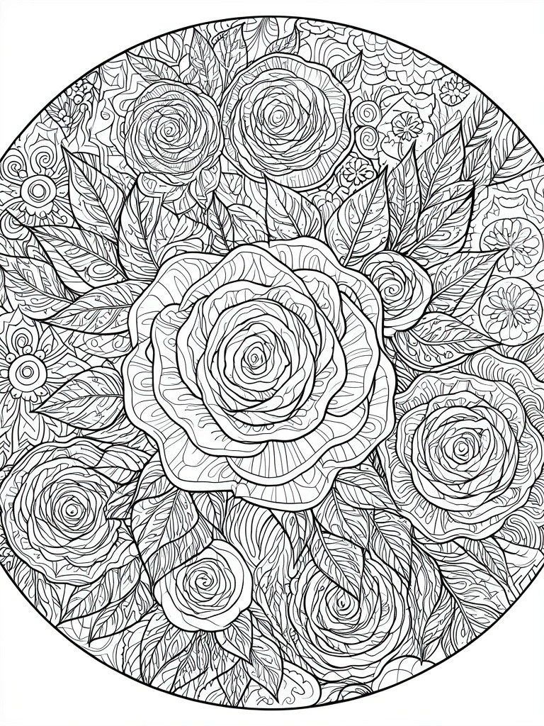 A circular black and white line drawing of overlapping roses and leaves in a mandala style.