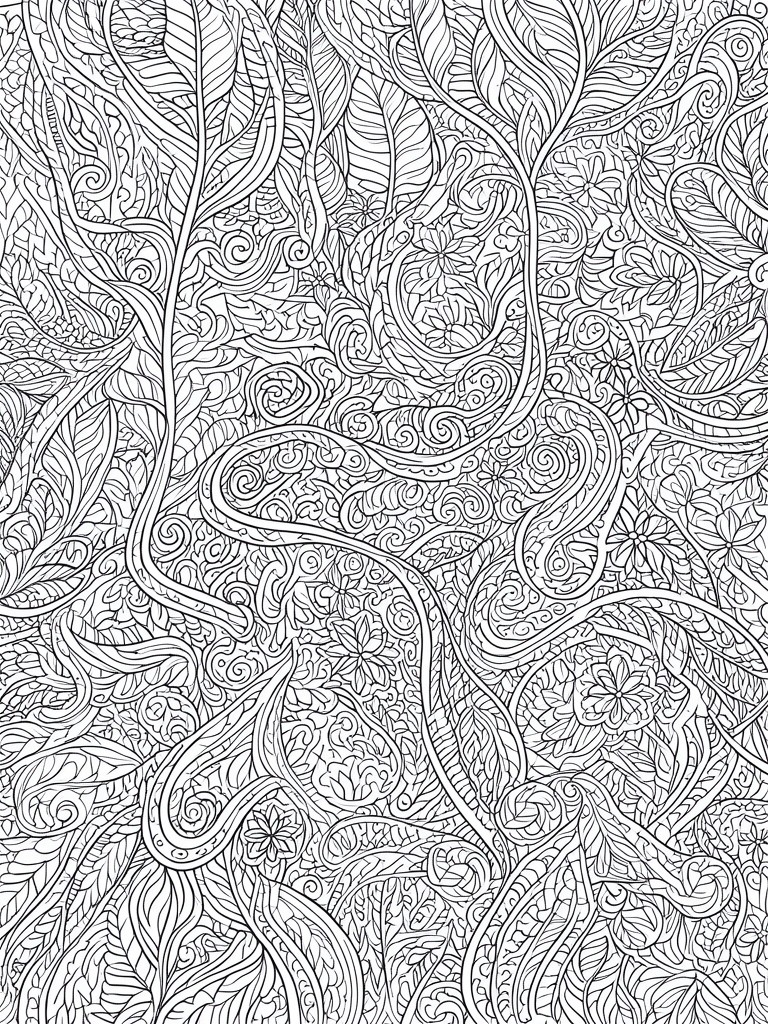A black and white zentangle coloring page filled with intricate drawings of leaves, vines, swirls, and flowers.