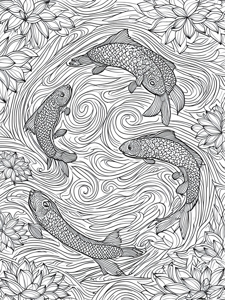 Four patterned koi fish swim in a circular formation surrounded by water swirls and lotus flowers on a zentangle coloring page.