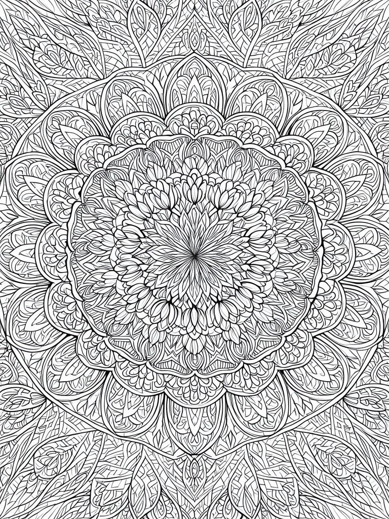 Intricate black-and-white mandala with layered floral and leaf patterns radiating outward.