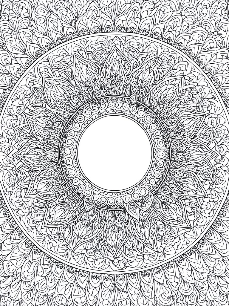 A black and white mandala coloring page with intricate floral patterns arranged in concentric circles around a blank center.