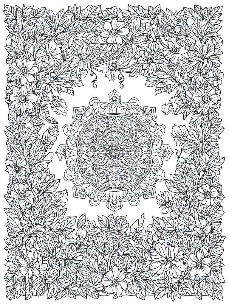 A coloring page with a large central mandala surrounded by a border of flowers and leaves on all sides.