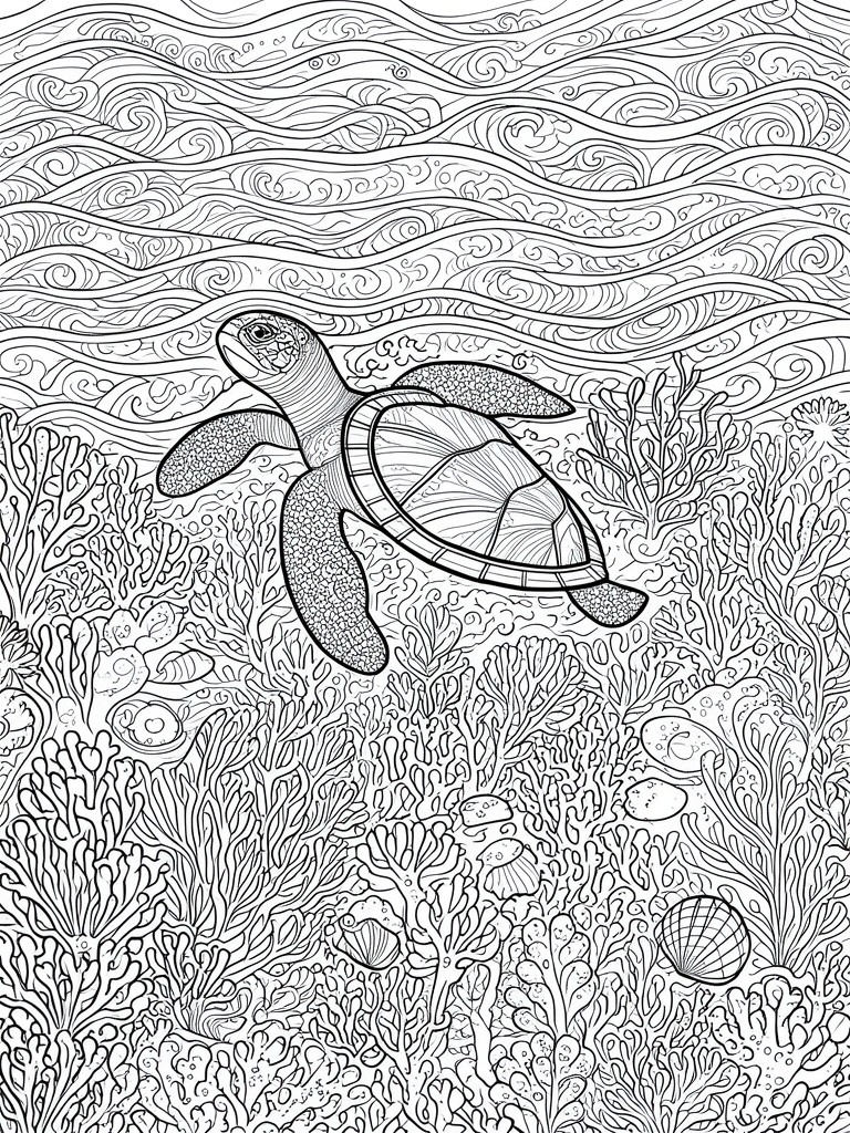 Intricate black-and-white line art of sea turtle swimming among coral reefs.