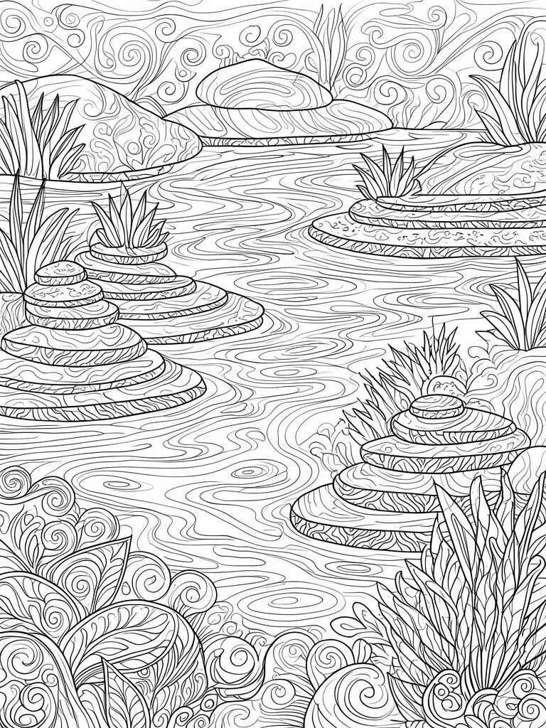 Intricate black-and-white line art of a winding river with stacked stones and swirling plants.