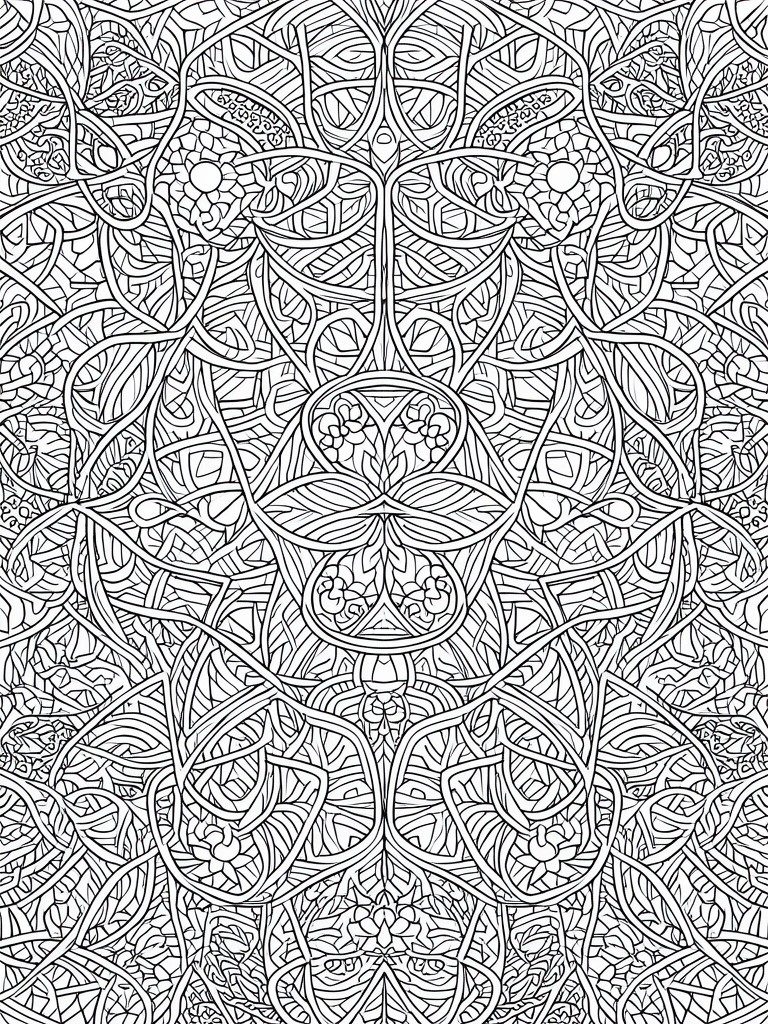 Intricate black-and-white symmetrical pattern of flowers, vines, and swirling lines.