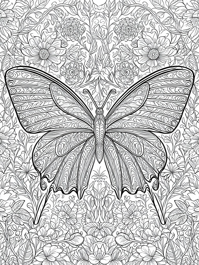 A black and white line drawing of a large butterfly with patterned wings set against a background of flowers and foliage.