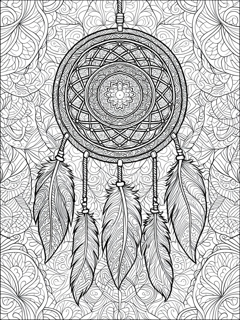 Black and white zentangle coloring page of a dreamcatcher with three patterned feathers and dense background swirls.