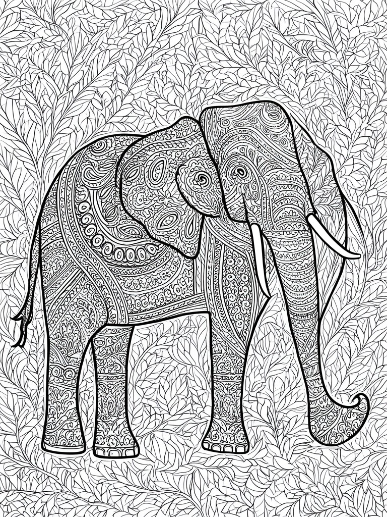 Ornate elephant with intricate patterns amid dense leafy foliage, black-and-white line art.