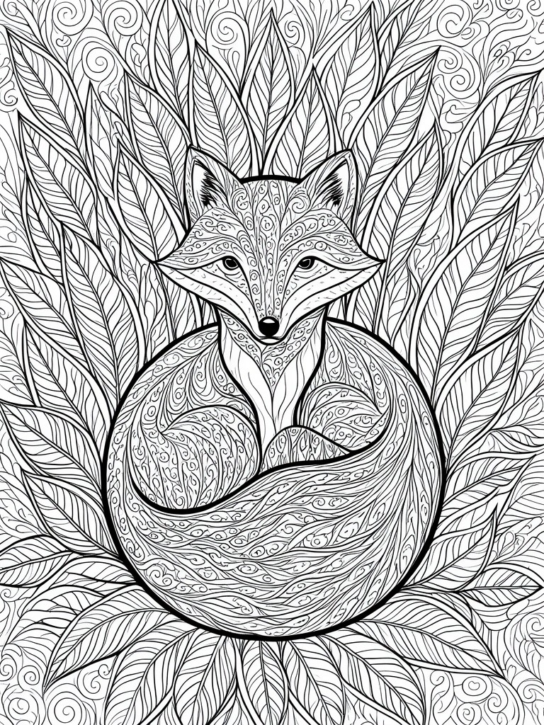 Ornate patterned fox curled amid intricate swirling leaves in line art.